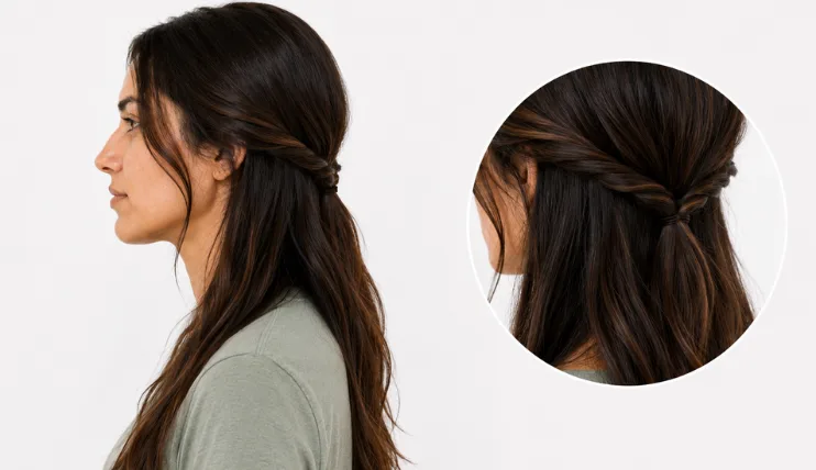 Half-up twisted hairstyle for long hair shown from the side with a low tie placement