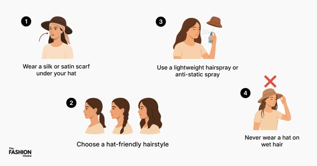How to Wear a Hat with Long Hair in 2025 (Without Ruining Your Style) 5 Infographic showing tips on how to prevent hat hair, including wearing a silk or satin scarf under a hat, choosing a hat-friendly hairstyle, using lightweight hairspray or anti-static spray, and avoiding wearing hats on wet hair