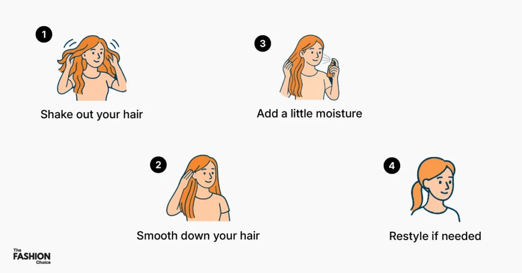 How to Wear a Hat with Long Hair in 2025 (Without Ruining Your Style) 4 Infographic showing how to style long hair after removing a hat, including steps: shake out your hair, smooth down your hair, add a little moisture, and restyle if needed.