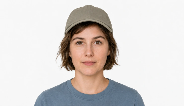 Woman with short hair wearing a baseball cap correctly with hair visible at the front and sides