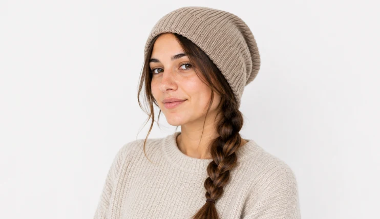 Woman wearing a slouchy beanie with long hair styled in a loose side braid