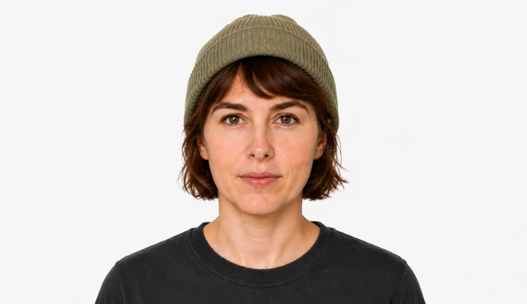 Woman with short hair wearing a beanie correctly with visible sideburns and front hair