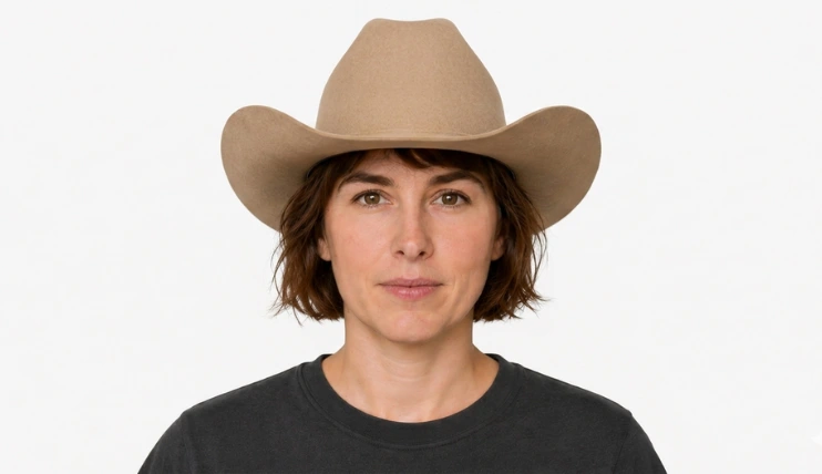 Woman with short hair wearing a cowboy hat centered on the head just above the eyebrows