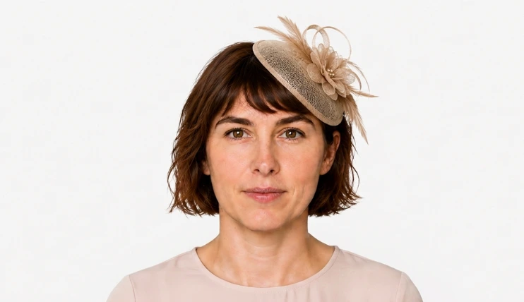 Woman with short hair wearing a beige fascinator clipped above the ear with proper side placement