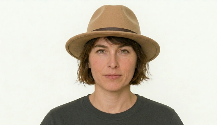 Woman with short hair wearing a fedora slightly above the eyebrows with visible front hair and a subtle side tilt