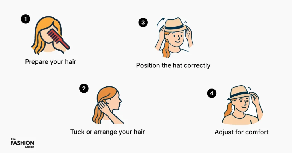 How to Wear a Hat with Long Hair in 2025 (Without Ruining Your Style) 3 Step by step infographic showing how to wear a hat with long hair including hair preparation, tucking hair, positioning and adjusting a fedora hat