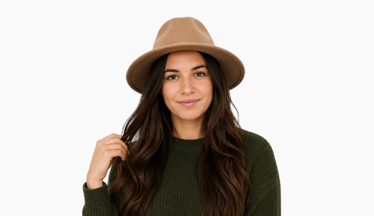 Home 7 Woman wearing a fedora hat with long hair visible on both sides demonstrating how to wear a hat with long hair