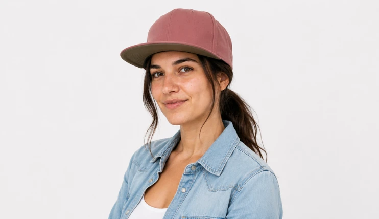 Woman wearing a pink snapback with a low ponytail pulled through the back opening