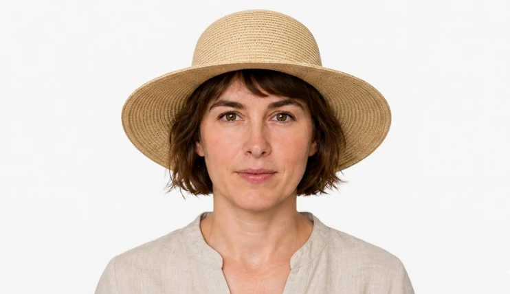 Woman with short hair wearing a straw sun hat correctly with visible bangs and side pieces outside the brim