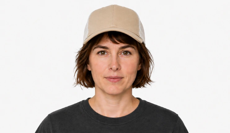 Woman with short hair wearing a trucker hat correctly with hair visible at the front and sides