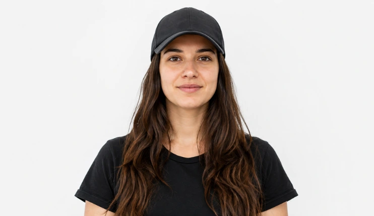 Woman wearing a baseball cap with long hair down and visible below the cap