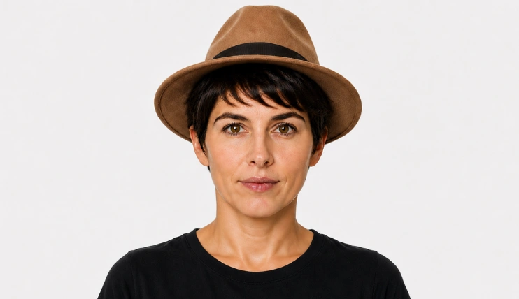 Woman with a pixie cut wearing a tan fedora and black t-shirt styled correctly with short hair.