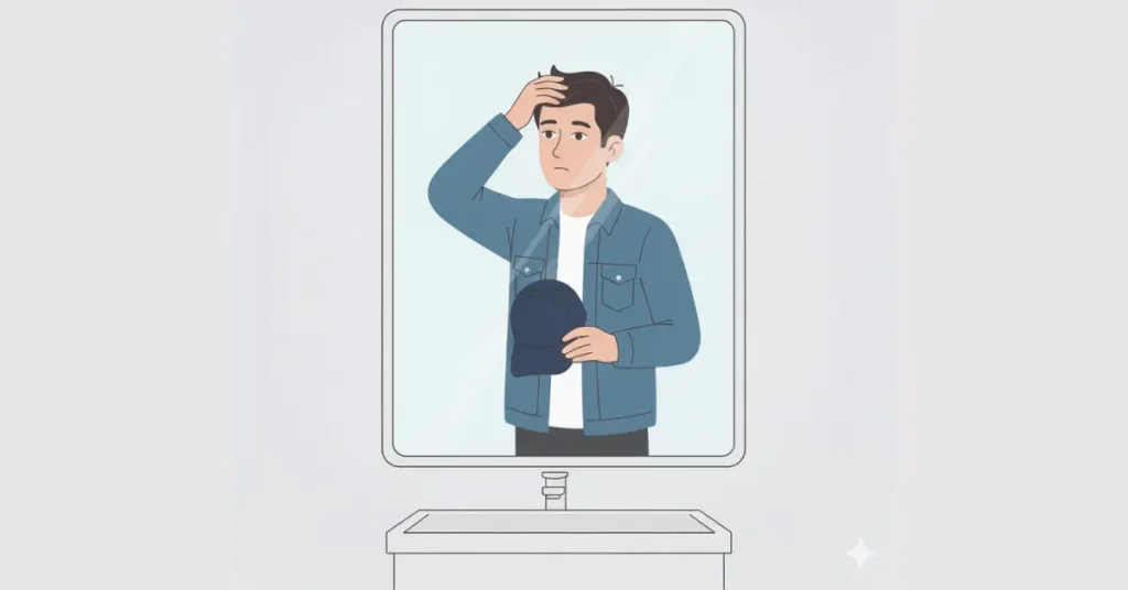 Man adjusting hairstyle in front of a mirror while holding a cap, reminding to keep your hair in mind before wearing a hat.