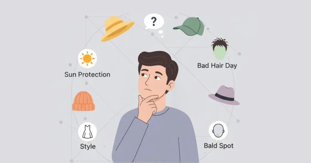 Professional vector illustration of a thoughtful person choosing between sun hat, fedora, cap, and beanie, showing reasons like sun protection, style, bad hair day, and bald spot, with subtle geometric #dedaec background.