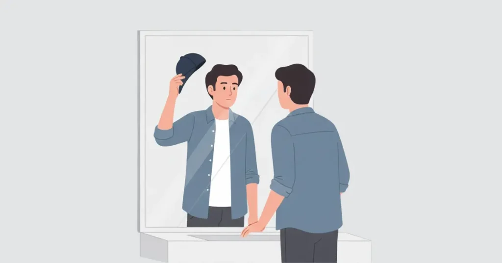 Man checking in the mirror if a hat complements his outfit, flat vector illustration