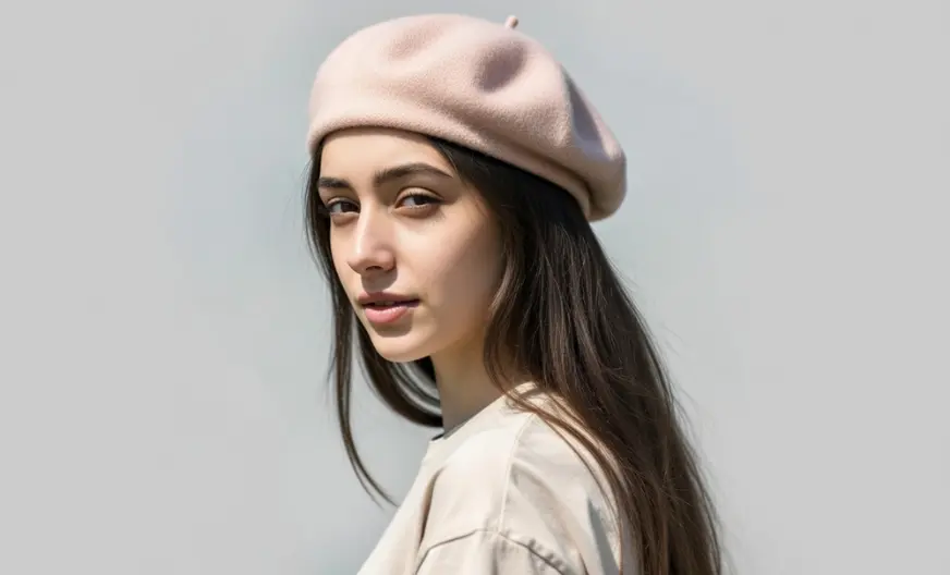How to Wear a Hat with Long Hair Without Ruining Your Style 18 A side profile of a woman with long dark brown hair wearing a classic light pink wool beret hat, illustrating elegant hat styling for long hair.