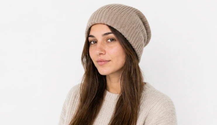Woman wearing a slouchy beanie with long hair pulled forward over her shoulders