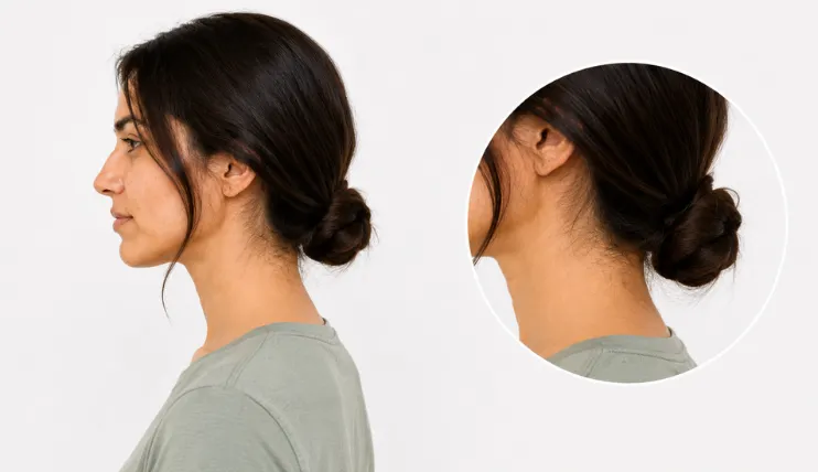 Low bun hairstyle for long hair shown from the side with the bun positioned close to the neck