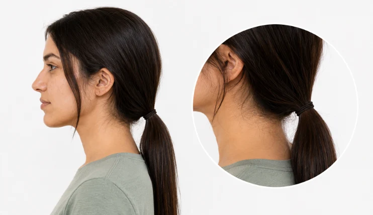 Low ponytail hairstyle for long hair shown from the side with the ponytail positioned close to the neck