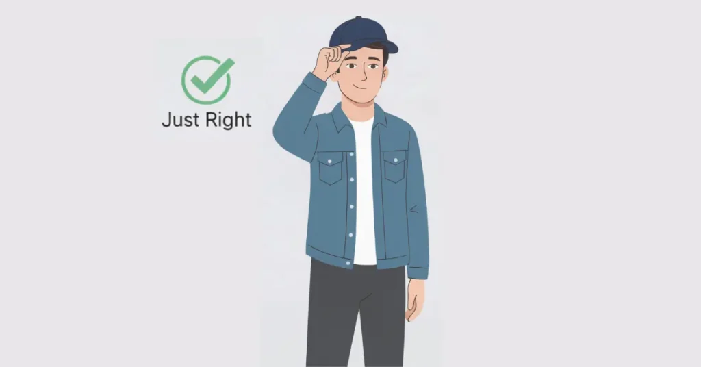Vector illustration of a man adjusting a hat to check proper fit, with icons showing too large, too small, and correct hat size, flat design on light purple #dedaec background