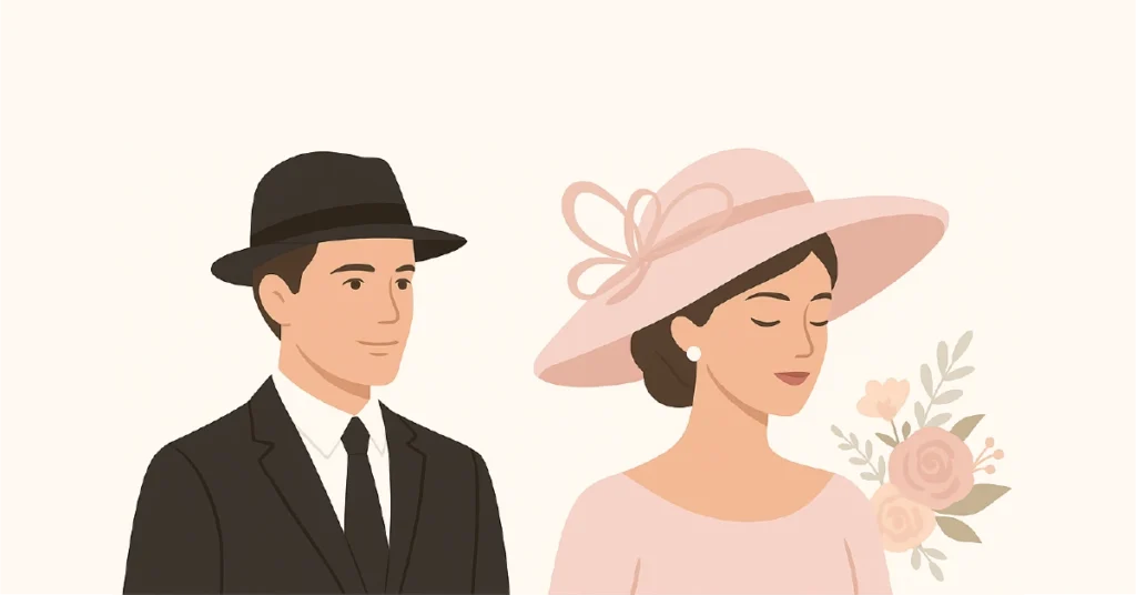 Infographic showing a man in a formal suit with a hat and a woman wearing an elegant wedding fascinator hat, illustrating tips for wearing a hat at a wedding.