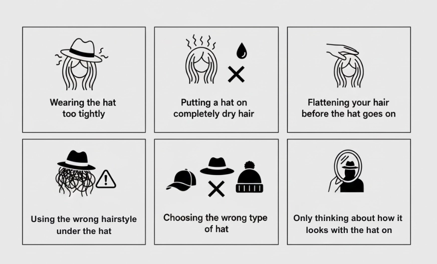 How to Wear a Hat with Long Hair Without Ruining Your Style 3 Infographic showing the biggest mistakes people make when wearing hats with long hair, including tight hats, dry hair, wrong hairstyles, and poor hat choices