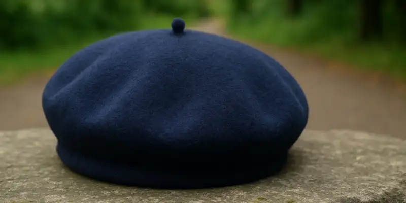 26 Different Types of Hats Explained (With Names, Styles & Pictures) 18 Navy blue wool beret hat placed on a stone surface with a blurred outdoor green background