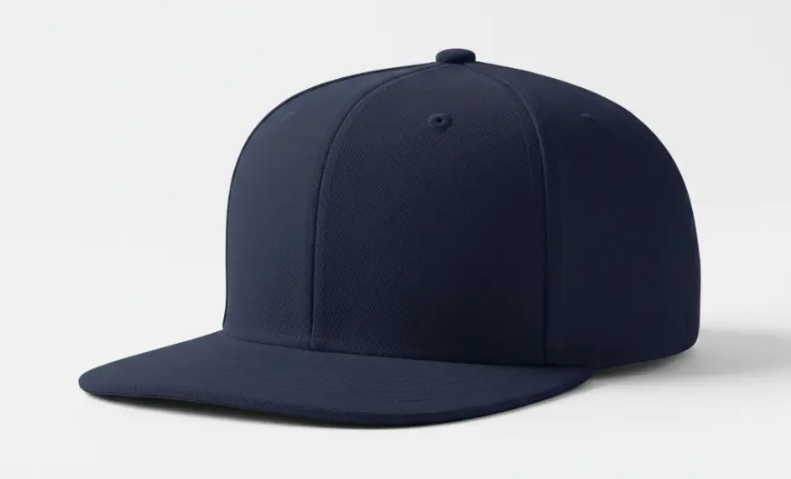 Navy blue snapback cap shown from a slight side angle on a light background