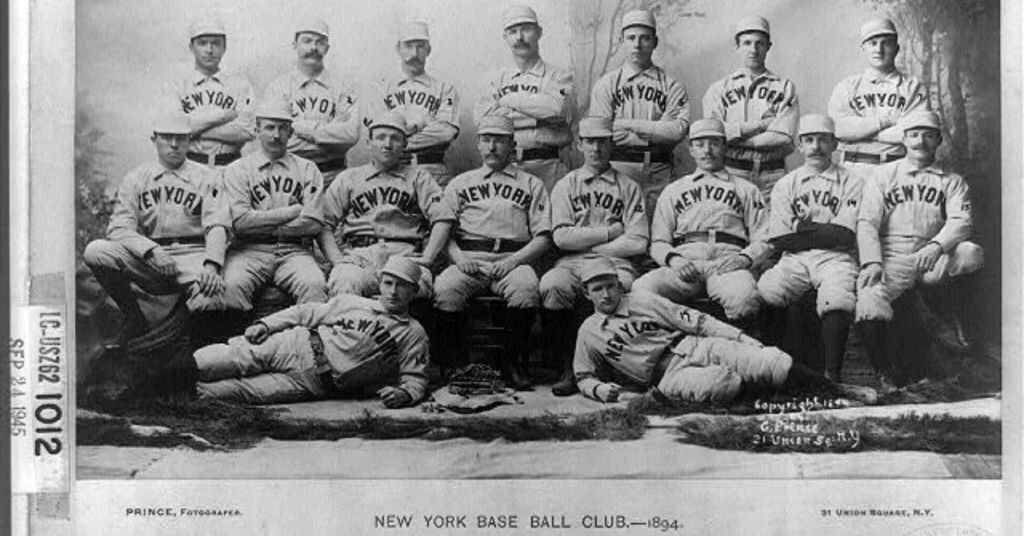 Group photo of the New York baseball team from 1894, showing players in vintage uniforms and caps