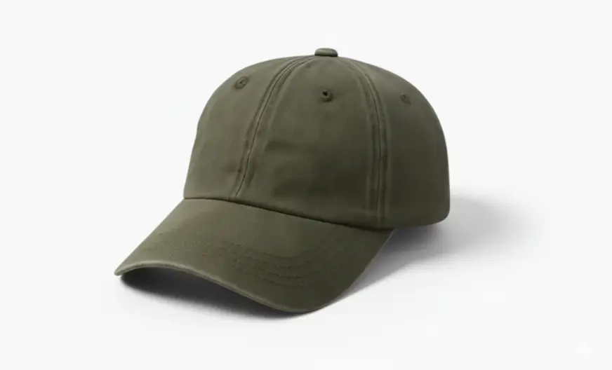 Olive green dad hat with curved brim on a plain background