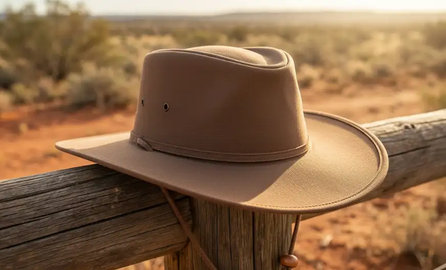 Side view of a brown outback hat made of felt with natural chin strap