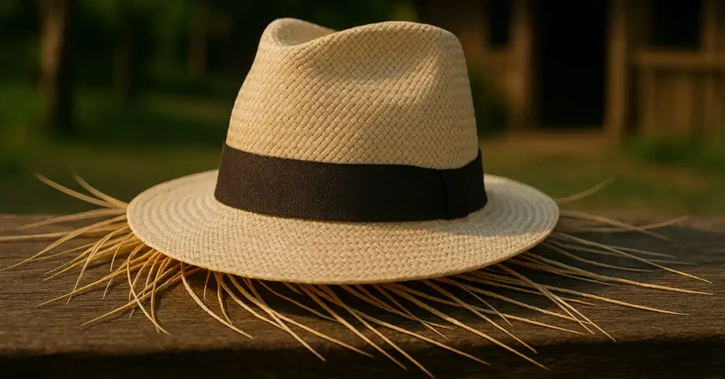 A finely woven Panama hat with a black band resting on a rustic wooden table, representing the traditional craftsmanship and cultural history of Panama hats.