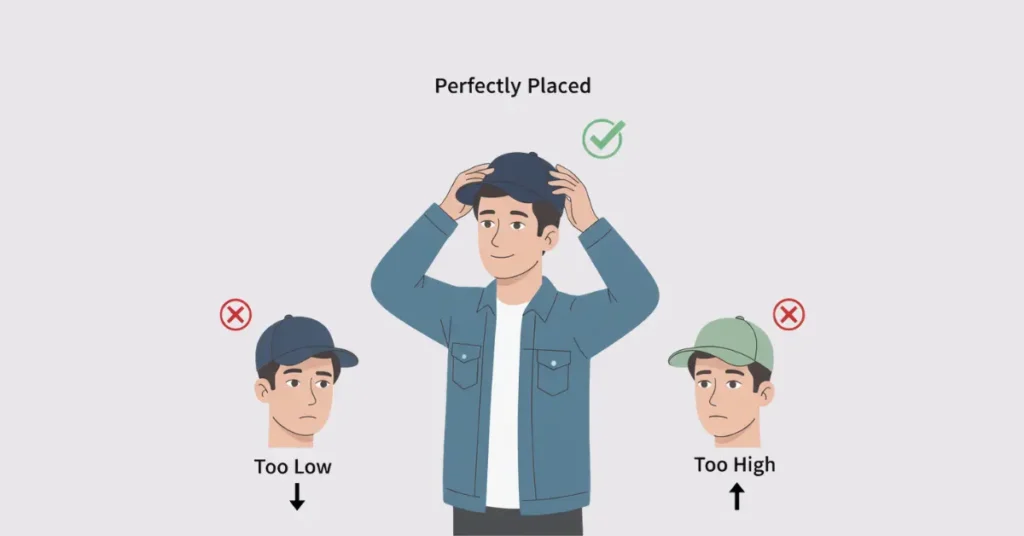 Flat vector illustration of a man adjusting and placing a hat properly on his head with correct and incorrect positions shown.