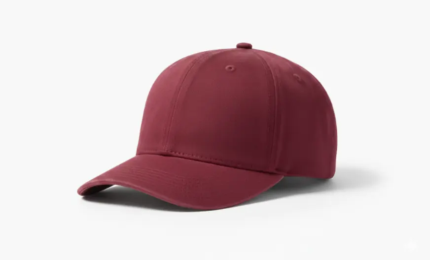 Side angle view of a blank maroon cotton baseball cap isolated on a solid white background.