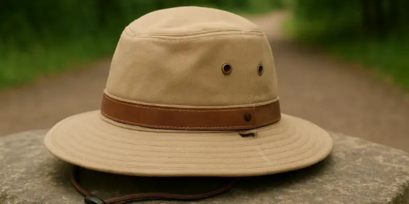 26 Different Types of Hats Explained (With Names, Styles & Pictures) 20 Beige safari hat with leather band and chin strap placed on a stone with blurred green outdoor background