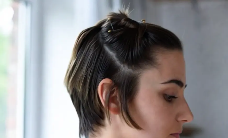 How to Wear a Hat with Short Hair and Look Amazing 4 Side profile of a woman with short hair styled in a sleek half-updo using decorative gold bobby pins.