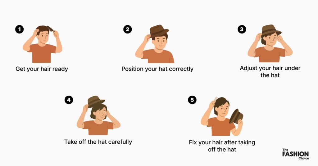 How to Wear a Hat with Short Hair (Step-by-Step Guide) 3 Step-by-step infographic showing how to prevent hat hair with vector illustrations of a person preparing hair, placing the hat correctly, adjusting hair under the hat, taking off the hat gently, and fixing hair after removal.
