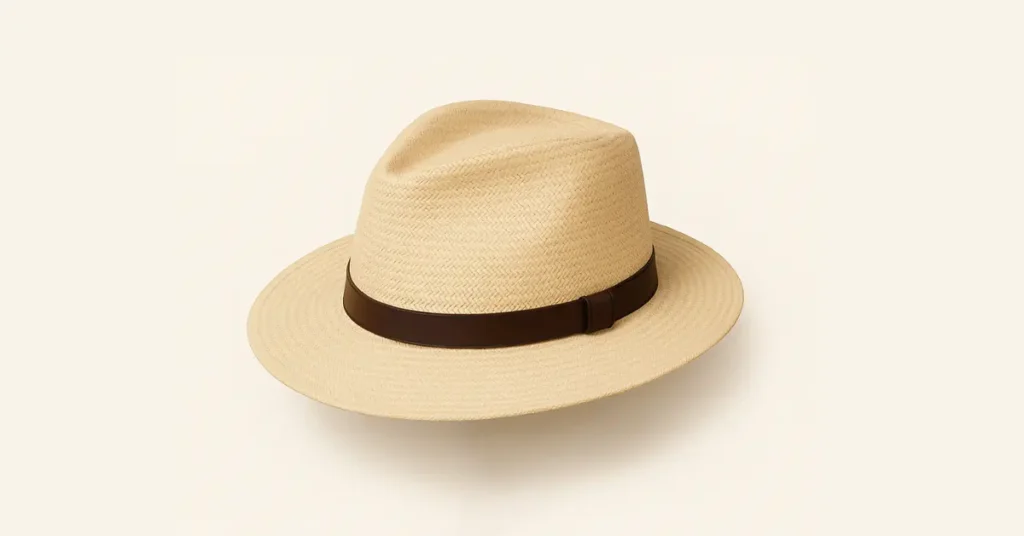 Straw Panama fedora hat with a brown leather band on a plain background