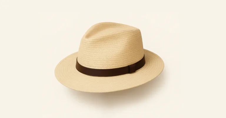 Straw Panama fedora hat with a brown leather band on a plain background