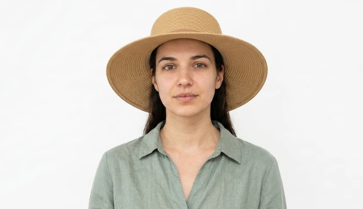 Woman wearing a wide brim sun hat with long hair pulled completely behind her shoulders