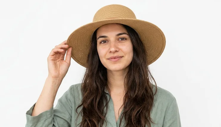 Woman wearing a wide brim sun hat with long wavy hair worn down