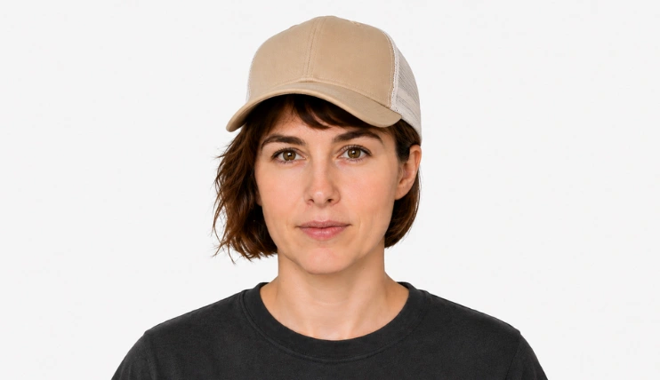 Woman with short hair wearing a trucker hat with one side tucked behind the ear