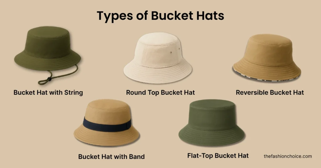 A visual comparison of five types of bucket hats including a bucket hat with string, round top bucket hat, reversible bucket hat, bucket hat with band, and flat-top bucket hat on a beige background.