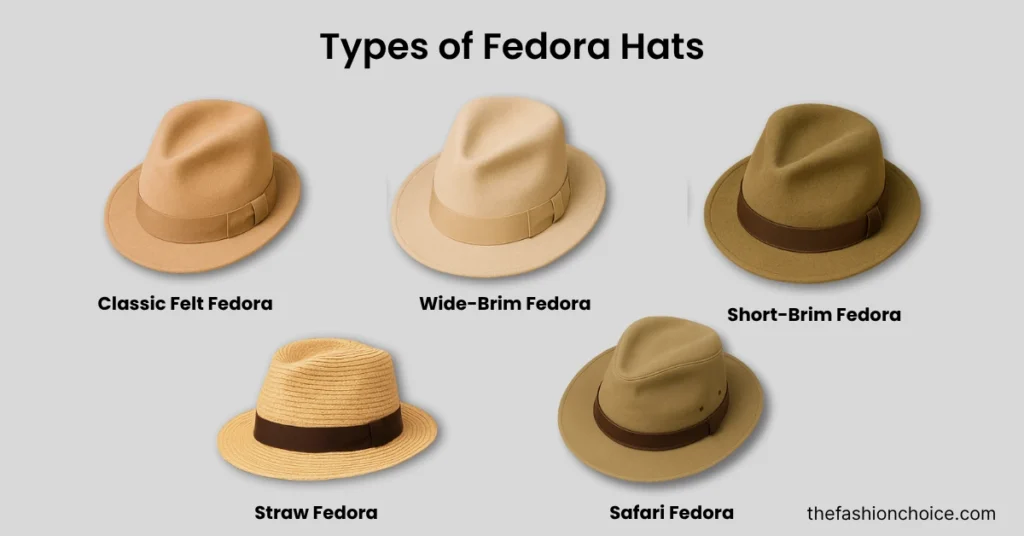 Comparison of five types of fedora hats, including classic felt, wide-brim, short-brim, straw, and safari styles