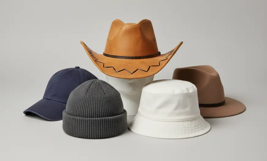 Popular types of hats including baseball cap, fedora, cowboy hat, beanie, and bucket hat on a neutral background