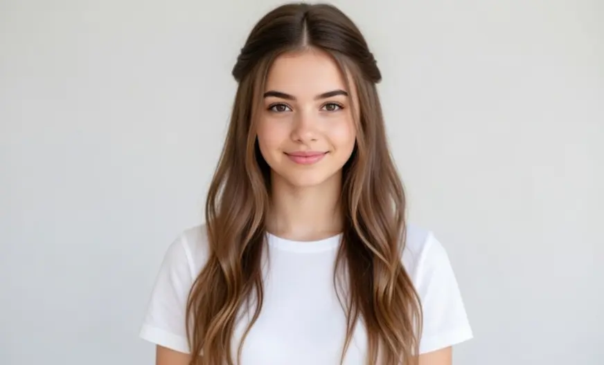 How to Wear a Hat with Long Hair Without Ruining Your Style 5 Young woman with long wavy brown hair featuring a twisted half-up half-down hairstyle, front view.