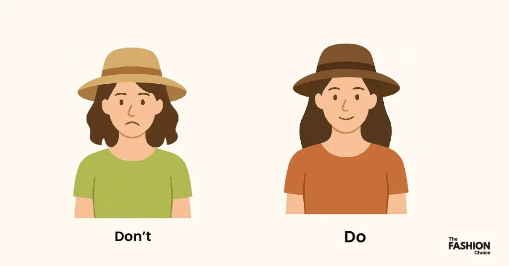 Infographic showing how to wear a hat that matches your outfit, with a side-by-side example of mismatched and coordinated looks.