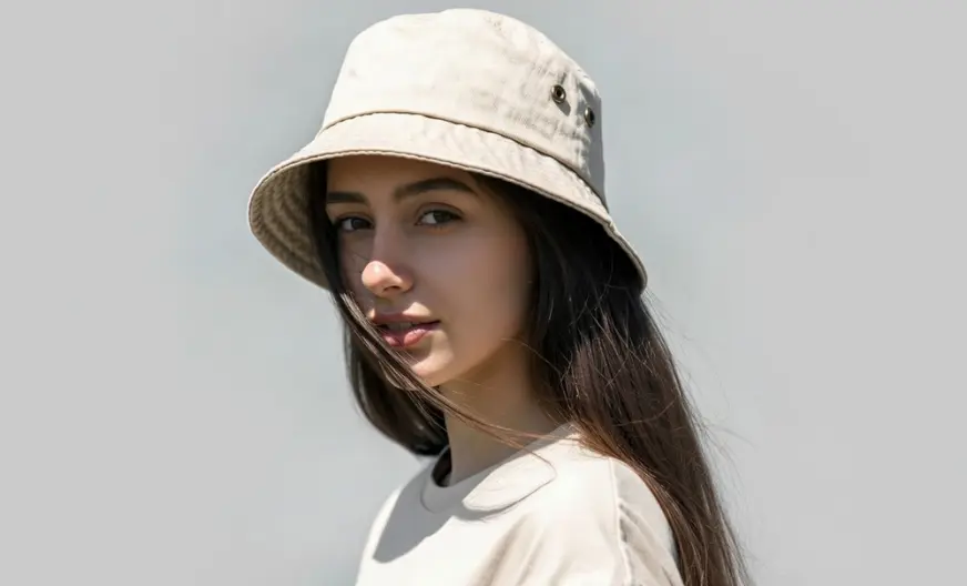 How to Wear a Hat with Long Hair Without Ruining Your Style 17 A young woman with long straight dark hair wearing a beige cotton bucket hat against a neutral background