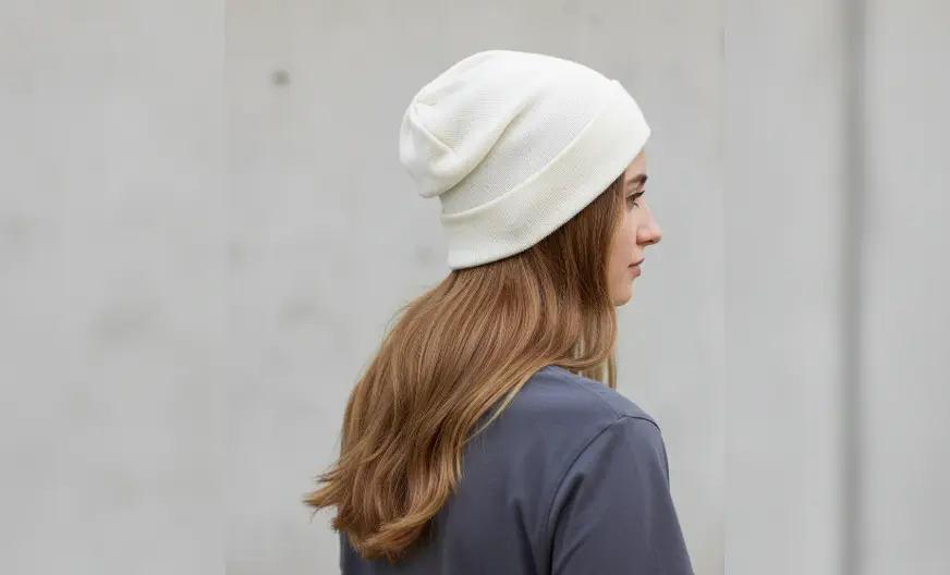 How to Wear a Hat with Long Hair Without Ruining Your Style 16 Side view of a woman with long wavy hair wearing a white knit slouchy beanie that covers the ears and allows hair to flow naturally.
