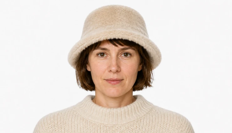 Woman with short hair wearing a beige faux fur bucket hat and cream knit sweater styled correctly for winter.